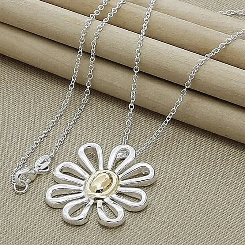

925 Sterling Silver Flower Pendant Necklace Chain Wedding Engagement Jewelry