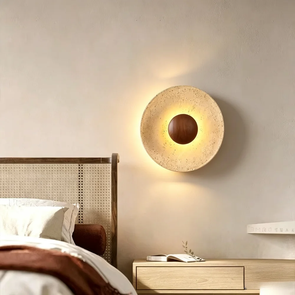 Nordic Stone Circular Wall Lamp Yellow Travertine LED Wall Lights Bedroom Bedside Restaurant Staircase Corridor Background Light
