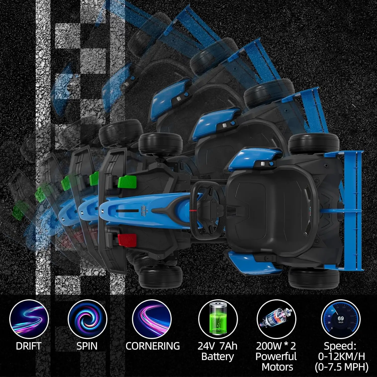 ゴーカート 電動乗用車 24V ドリフトカート レーシングトイ 調節可能なシート付き、時速7.5マイルの高速ドリフト回転 キッズ向け 6歳以上