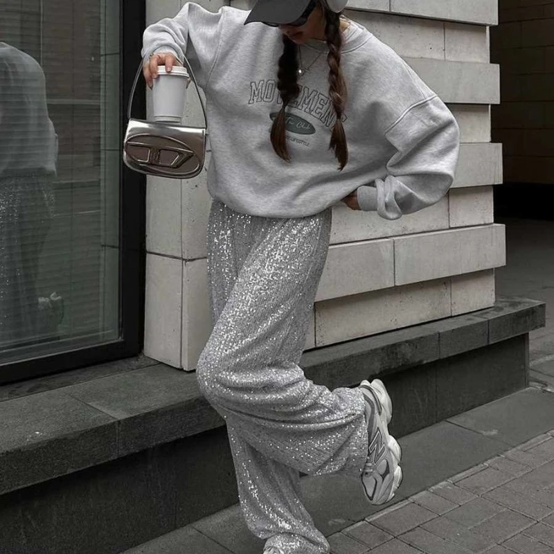 Elegant Sequined Pants Y2K Pearl Sequined Straight Mop Pants Spring and Autumn Fashion Commuter Women's Wear