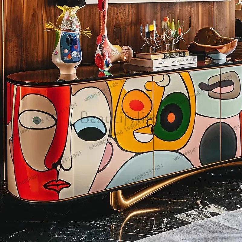 Hot TV cabinet Living room, high-end audio-visual cabinet Light luxury pop art painted solid wood floor cabinet