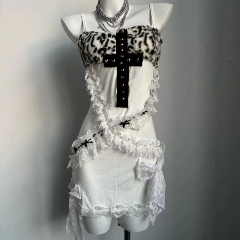 

American sexy hottie strap dresses subculture cross handmade lace patchwork skirt womens retro Goth Harajuku slim hip wrap dress