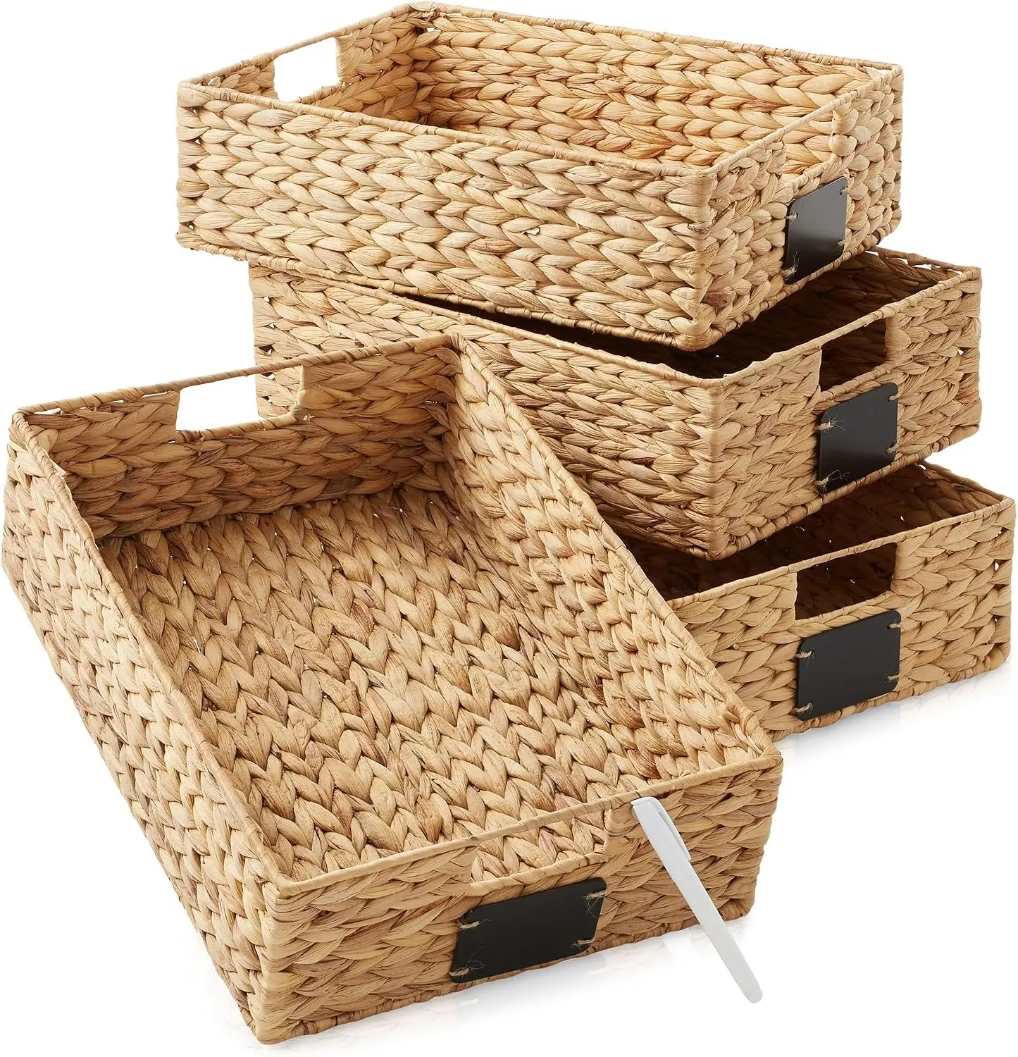 of 4 Water Hyacinth Pantry Baskets, 12-1/2' X 17' X 5', with Chalkboard Labels and Chalk Marker - Natural, Woven Storage Bin Organizers for Kitchen Shelves