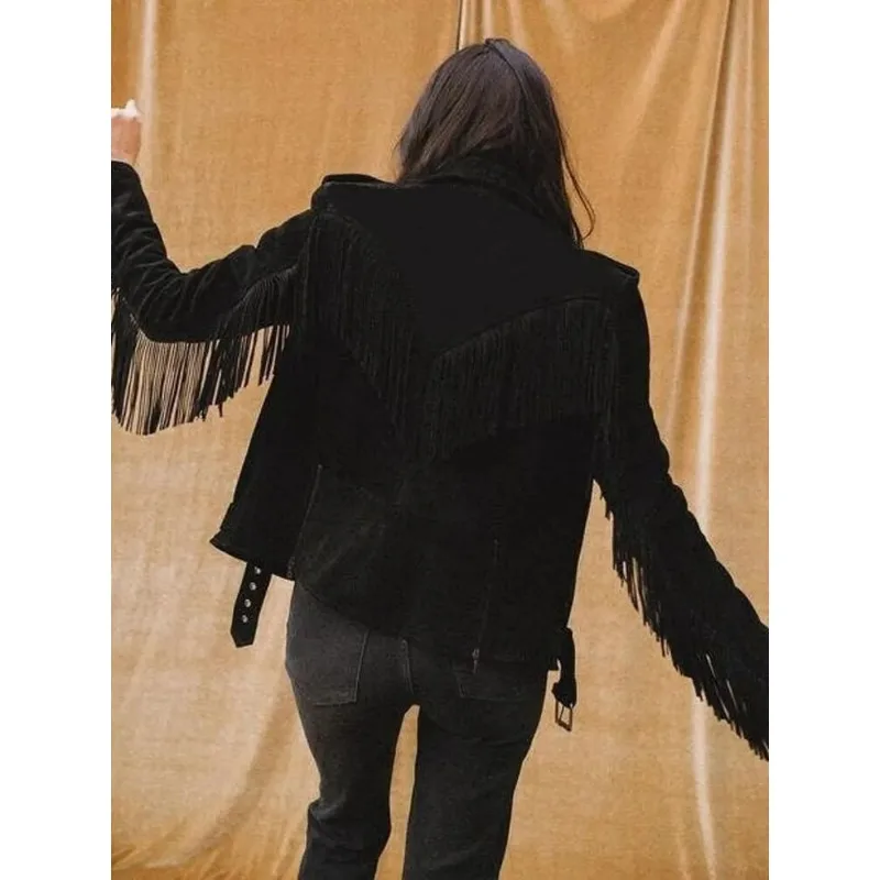 Women Black Pure Soft Suede Leather Fringe Jacket Western Style Jacket  Fashion Trend