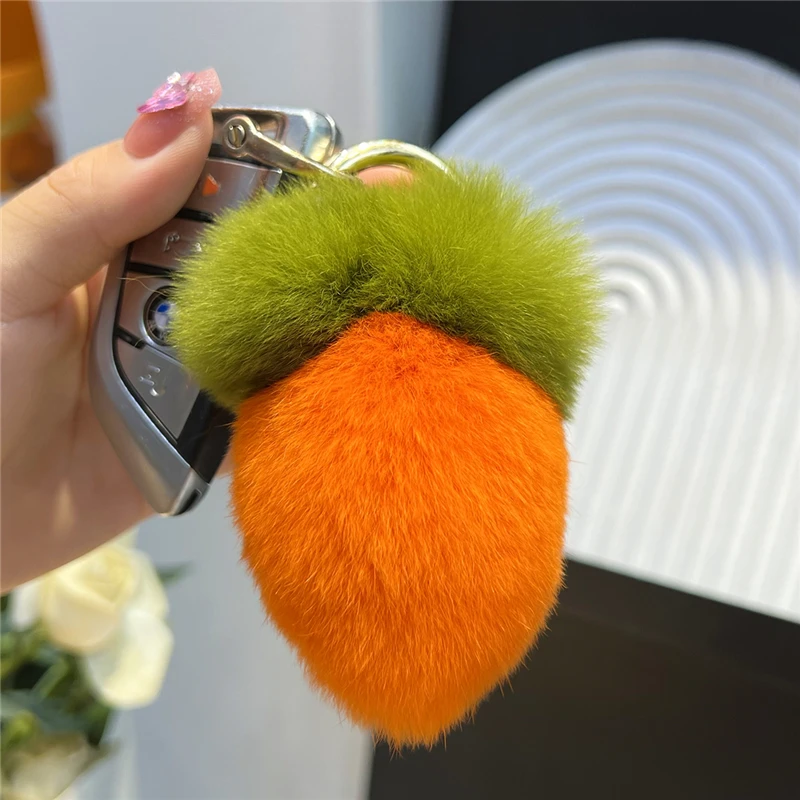 Plush Cute Carrot Real Rex Rabbit Fur Ball Keychain Kids Schoolbag Toy Ornament Women's Bag Car Key Ring Metal Pendant Trinkets