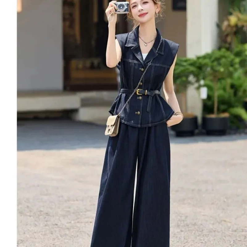

Two Piece Sets Womens Outifits Vintage Sleeveless Denim Set Luxury High-end Lapel Short Vest Tops Skirts Slim Office Lady Suits