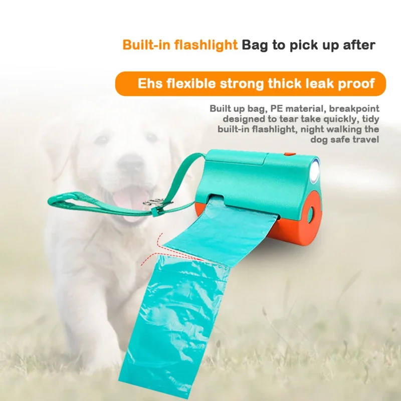 Portable Dog Poop Bag Dispenser with LED Flashlight Leash Clip Hands-Free Pet Waste Bags Holder with Strap Walking Dog Accessory