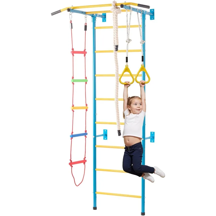 

Indoor Jungle Gym for Toddlers 5-in-1 Climbing Playset with Carbon Steel Swedish Ladder Wall Ladder Pull-Up Bar Rope Ladder and