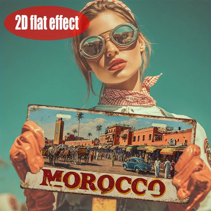 HD Aluminum Print, Vintage Morocco Marrakech Medina Souk Retro License Plate Style Wall Art, High Definition Bend-Resistant Meta view 6