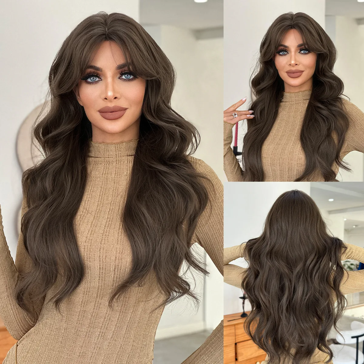 

Super long eight-character bangs wig women's full head cover tea brown wavy curl fluffy high-quality wig