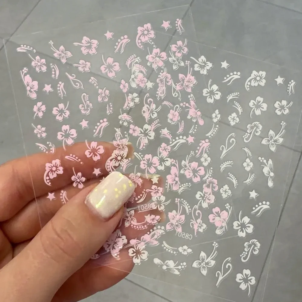 2 Lenzuola 3D Fiori di Ibisco Adesivo per unghie Rosa Bianco Y2k Autoadesiva Ibisco Floreale Unghie artistiche Forniture Decalcomania Manicure FAI DA TE Decor