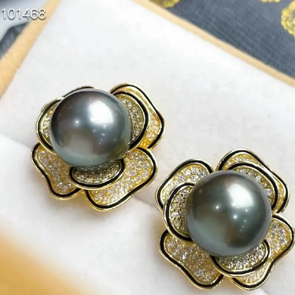 

Gorgeous AAAA 10-11mm Natural South Sea Black Round Pearl Earrings 925s