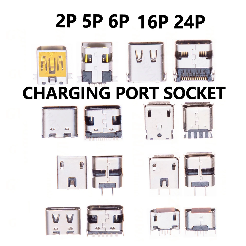 10PCS 2P 5P Micro Mini USB Type-C Connector Jack Mix Kit Charging Port Socket SMT DIP For Phone PCB Repair 16P 24P Male Female