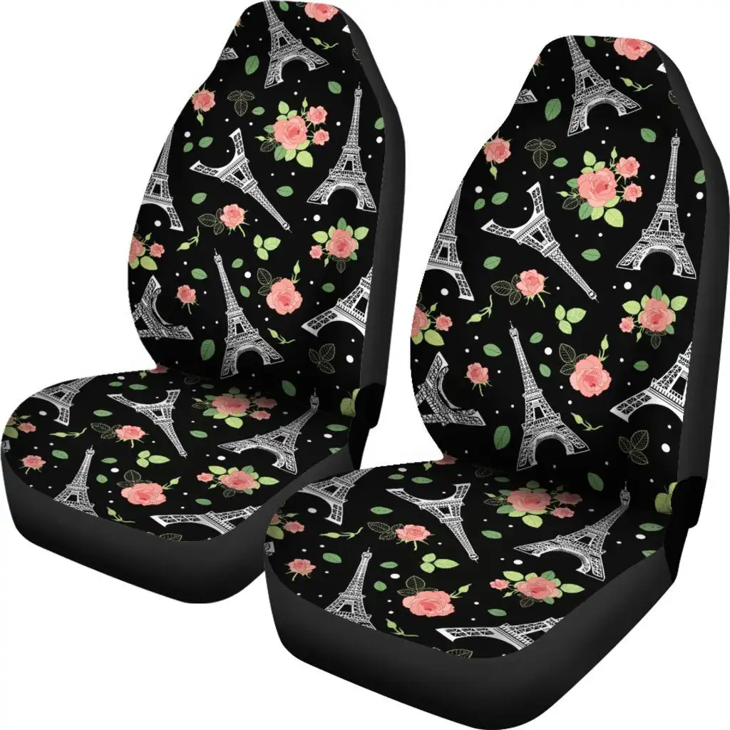 Eiffel Tower Floral Print Pattern Seat Cover Car Seat Covers Set 2 Pc, Car Accessories Car Mats