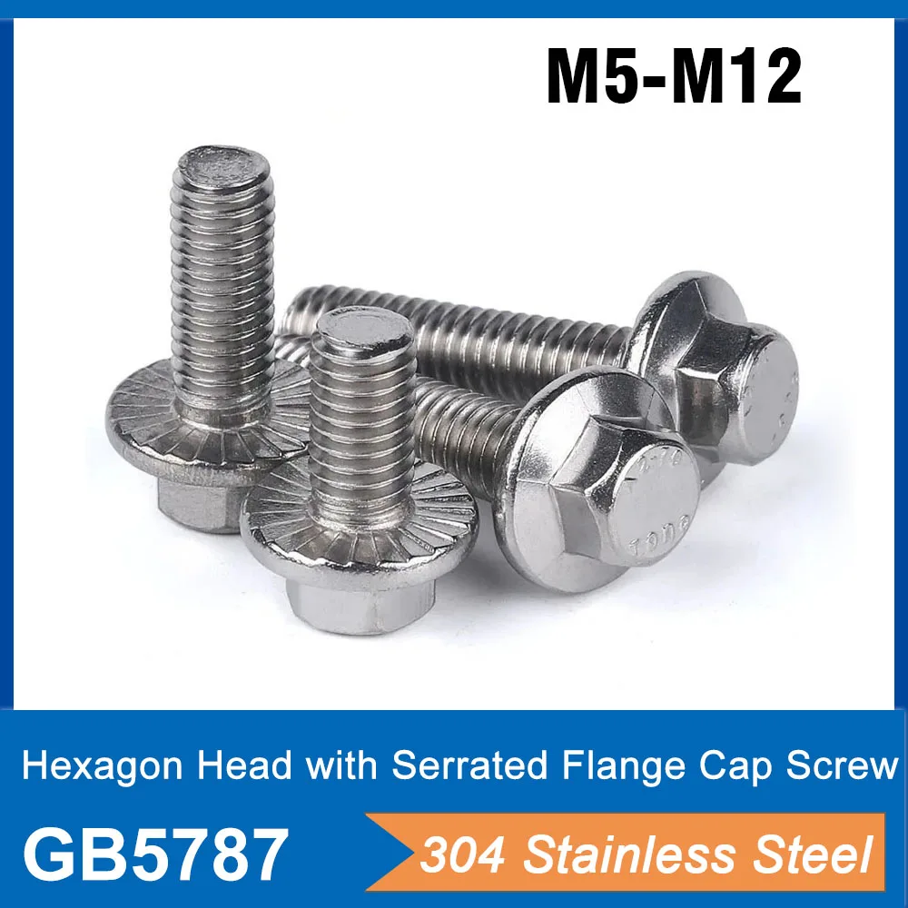 

5-50pcs M5 M6 M8 M10 M12 A2-70 304 Stainless Steel Hexagon Head with Serrated Flange Cap Screw Hex Washer Head Bolt GB5787