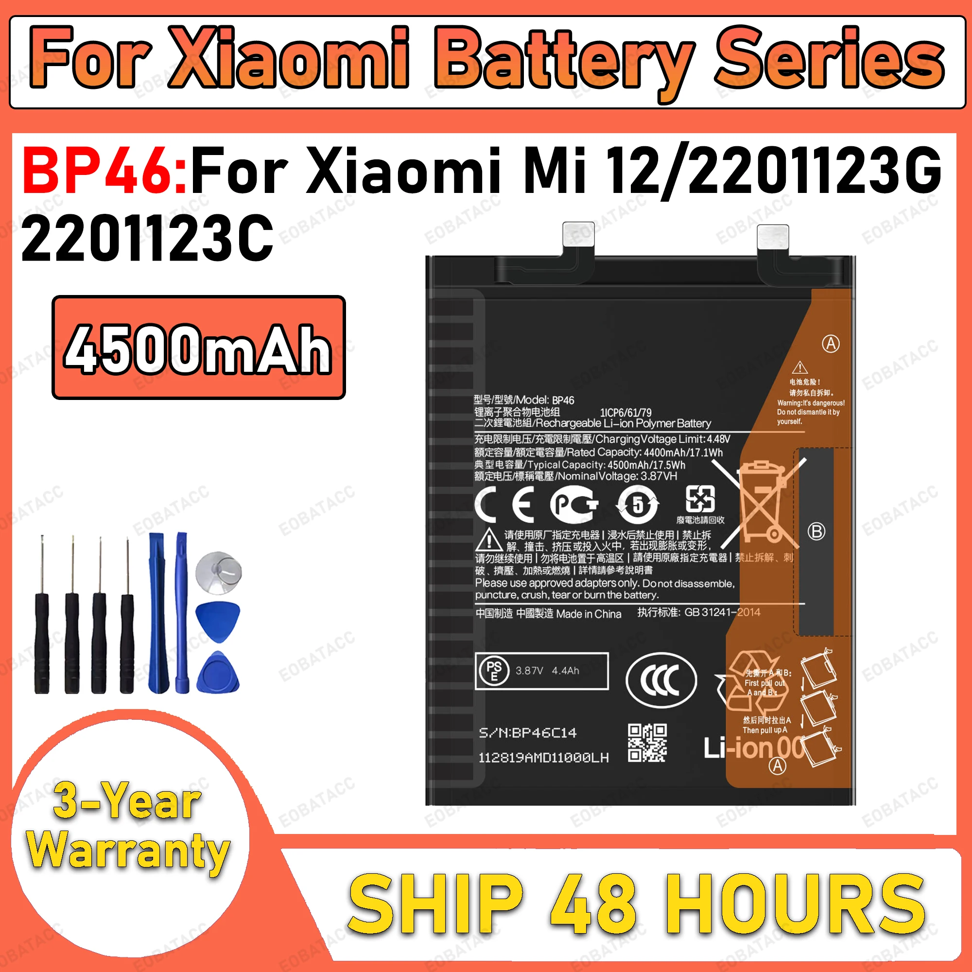 4500mAh 100% New BP46 Battery For Xiaomi Mi 12/2201123G Replacement Bateria+Free Tools