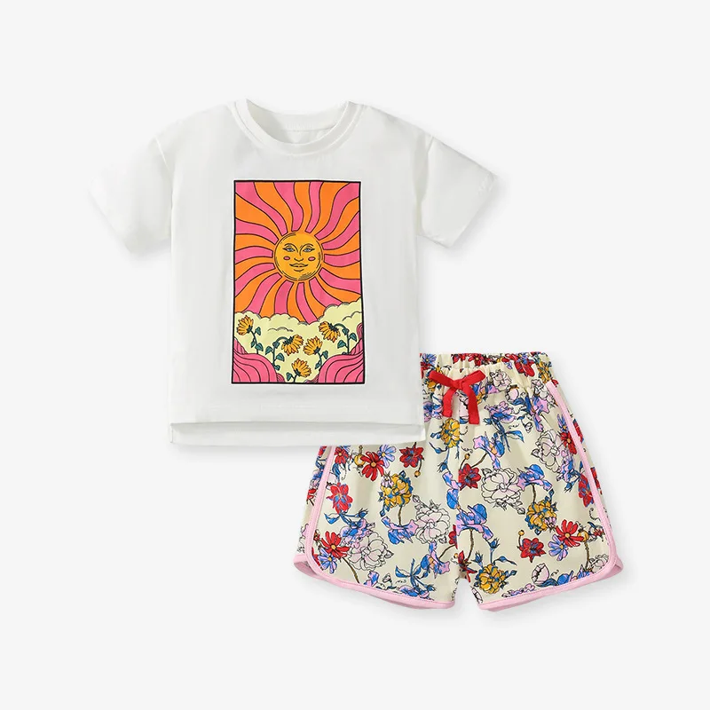 

Girls' Short Sleeve and Pants Set Summer Style Pure Cotton Children's Two-Piece Sports Set