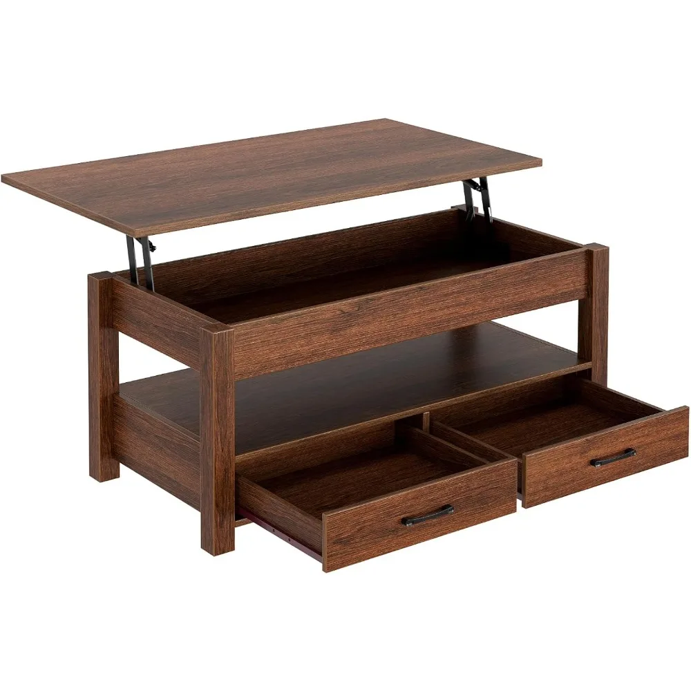 Coffee Table, Lift Top Coffee Table with Drawers and Hidden Compartment, Retro Central Table with Wooden Lift Tabletop