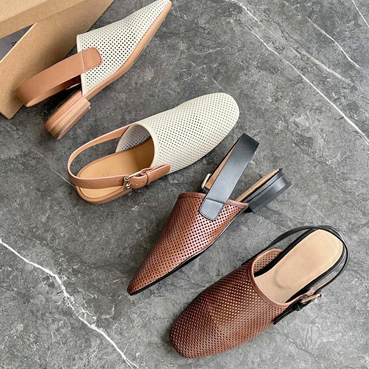

Dave&Di Minimalist Genuine Leather Hollow Handmade Mules French Lazy Retro Round Toe Flat Slippers Sandals Shoes For Women