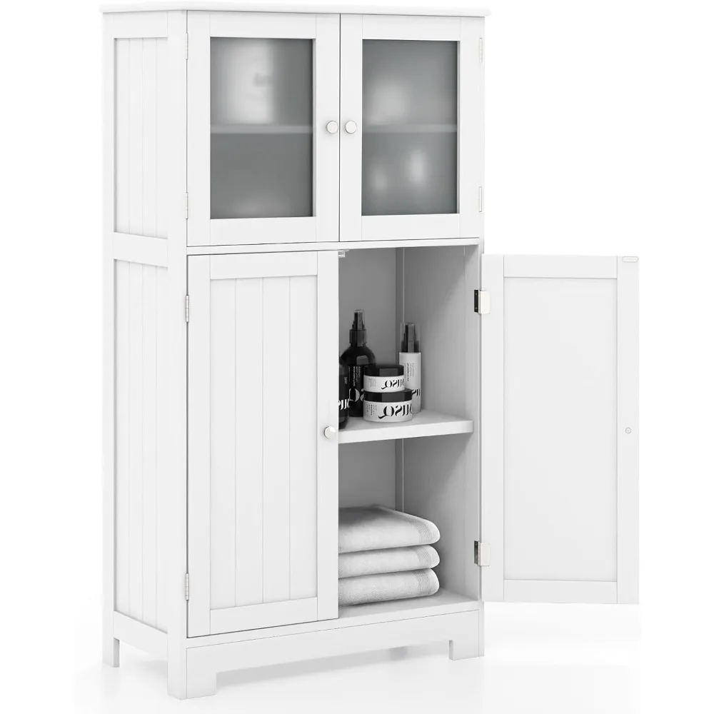 Bathroom Storage Cabinet, Wooden Linen Storage Organizer Cupboard with Doors & Adjustable Shelf, Freestanding Floor Cabi