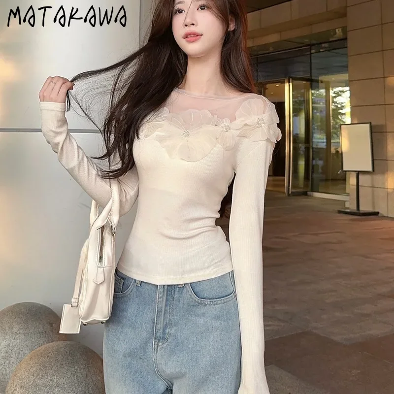 Matakawa 3D Flowers Women Sweaters Autumn Winter Patchwork Korean Fashion Short Pullovers Sweet Elegant Basics Pull Femme