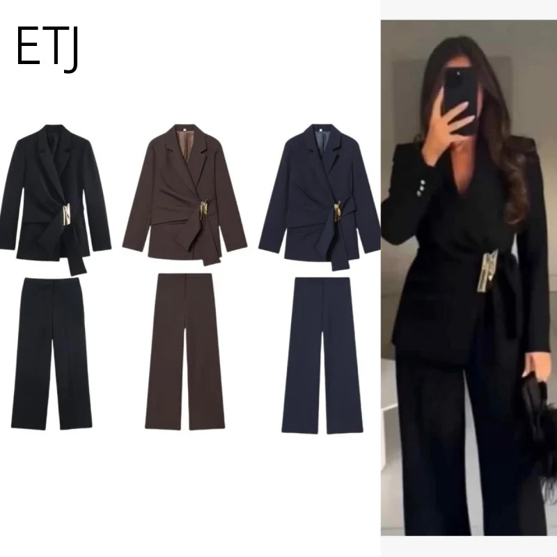 

ETJ-22023, новые элегантные модные женские осенне-зимние лацканы с подплечником, курткой на пуговицах и прямыми брюками