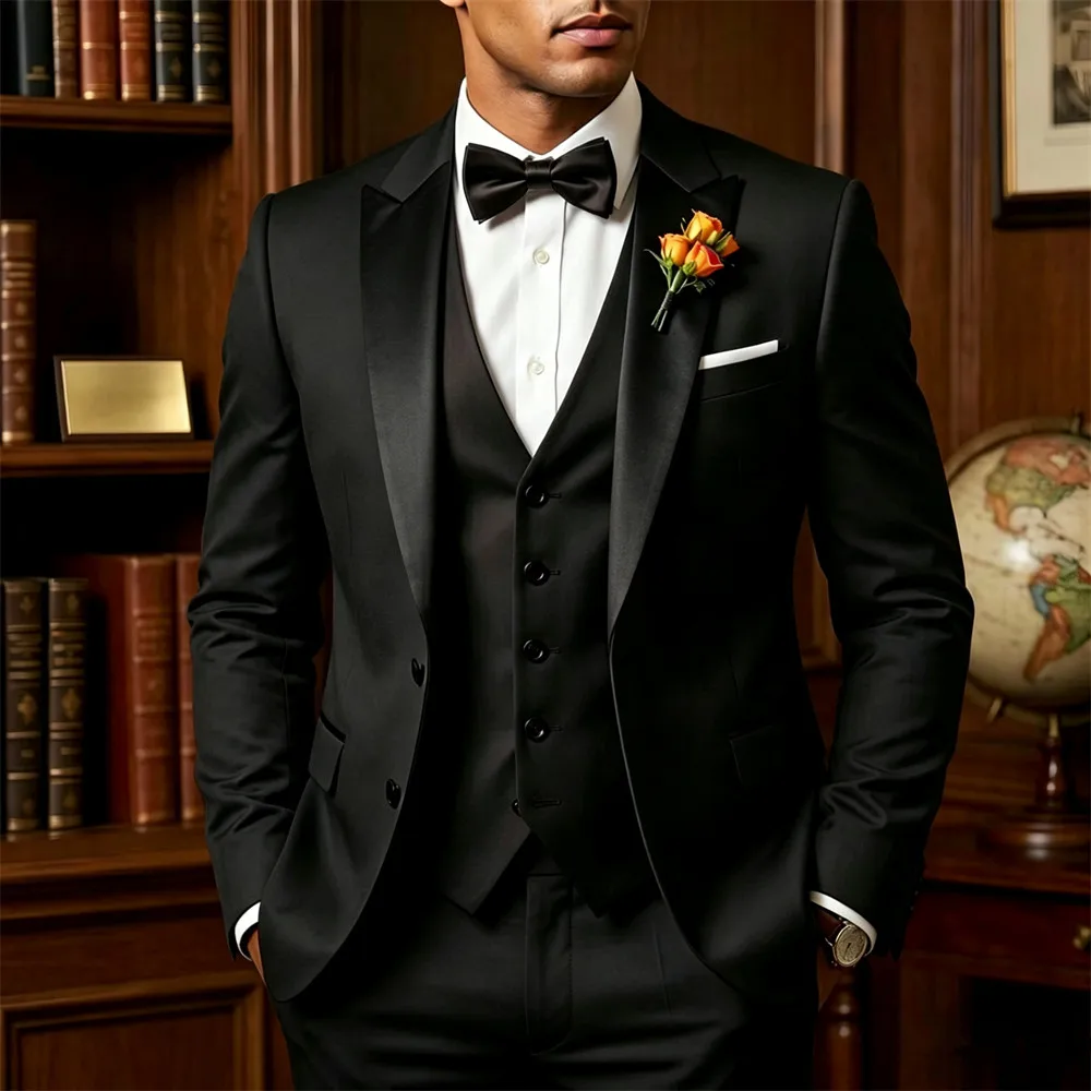 

Elegant Black Men's Suits 3 Pcs New Formal Slim Fit Bespoke Office Event Men's Cloth (Jacket+Vest+Pants)