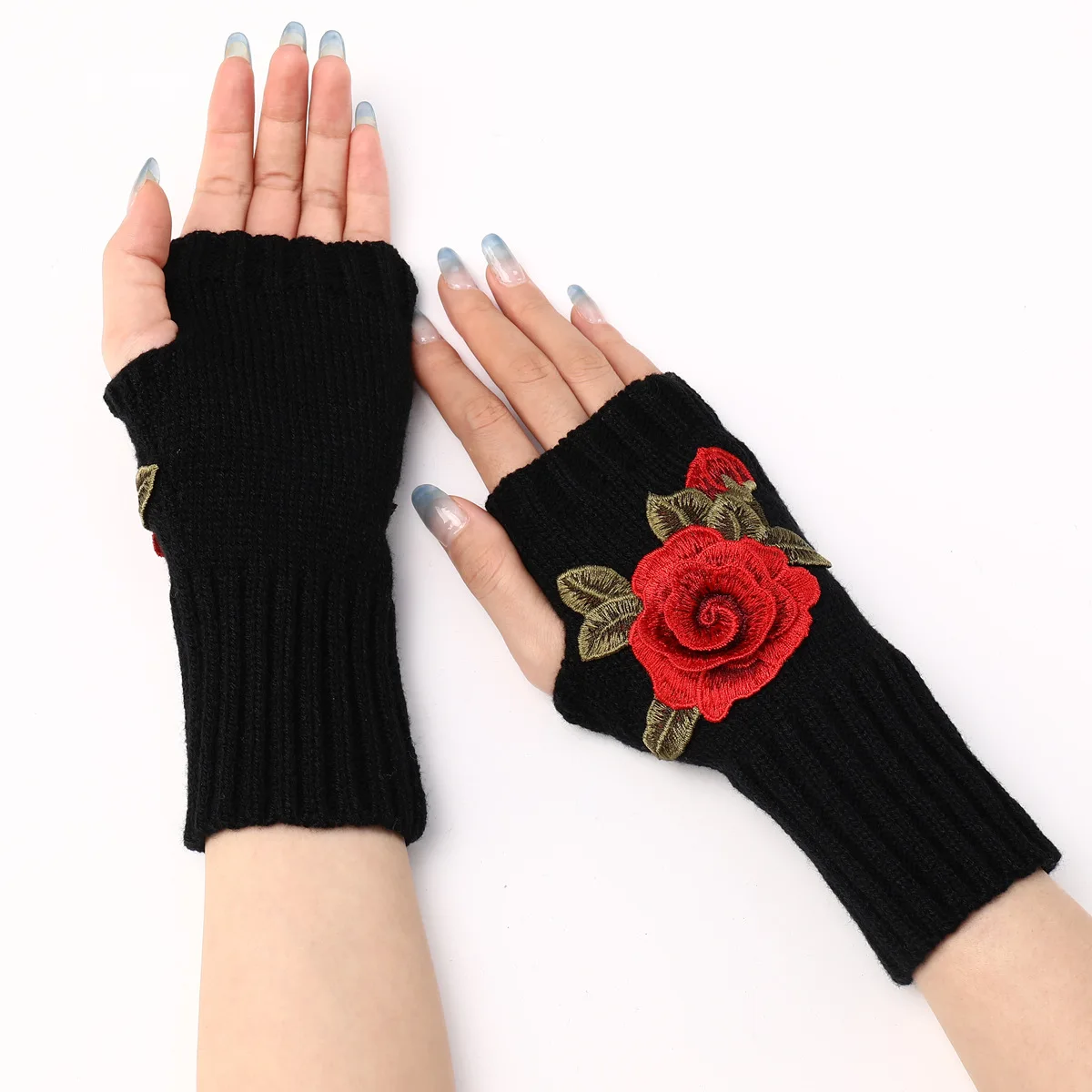 2024 New Autumn Winter Women\'s Short Fashion Embroidered Flower Gloves Knitted Wool Sleeves Warm Mittens Fingerless Gloves Women