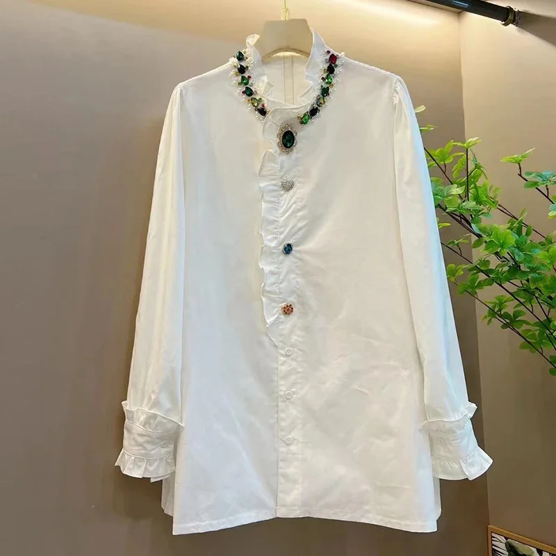 

Spring Autumn Fashion Black White Blouse for Women Heavy Industry Beads Diamond Collar Bottoming Shirt Loose Oversized
