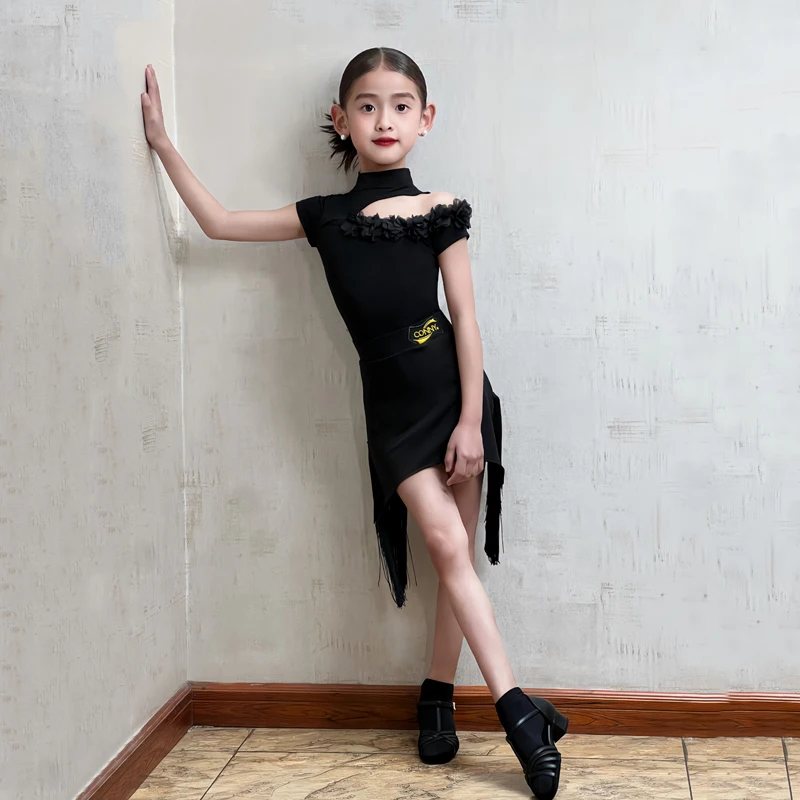 Latin dance costume for girls: fringe skirt with short-sleeved bodysuit, practice, performance, and show wear