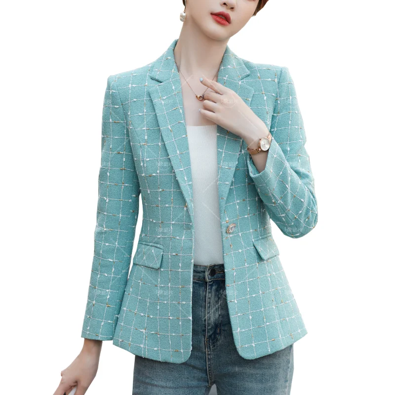 

Blue White Plaid Women Casual Blazer And Jacket Ladies Female Long Sleeve Single Button Slim Coat