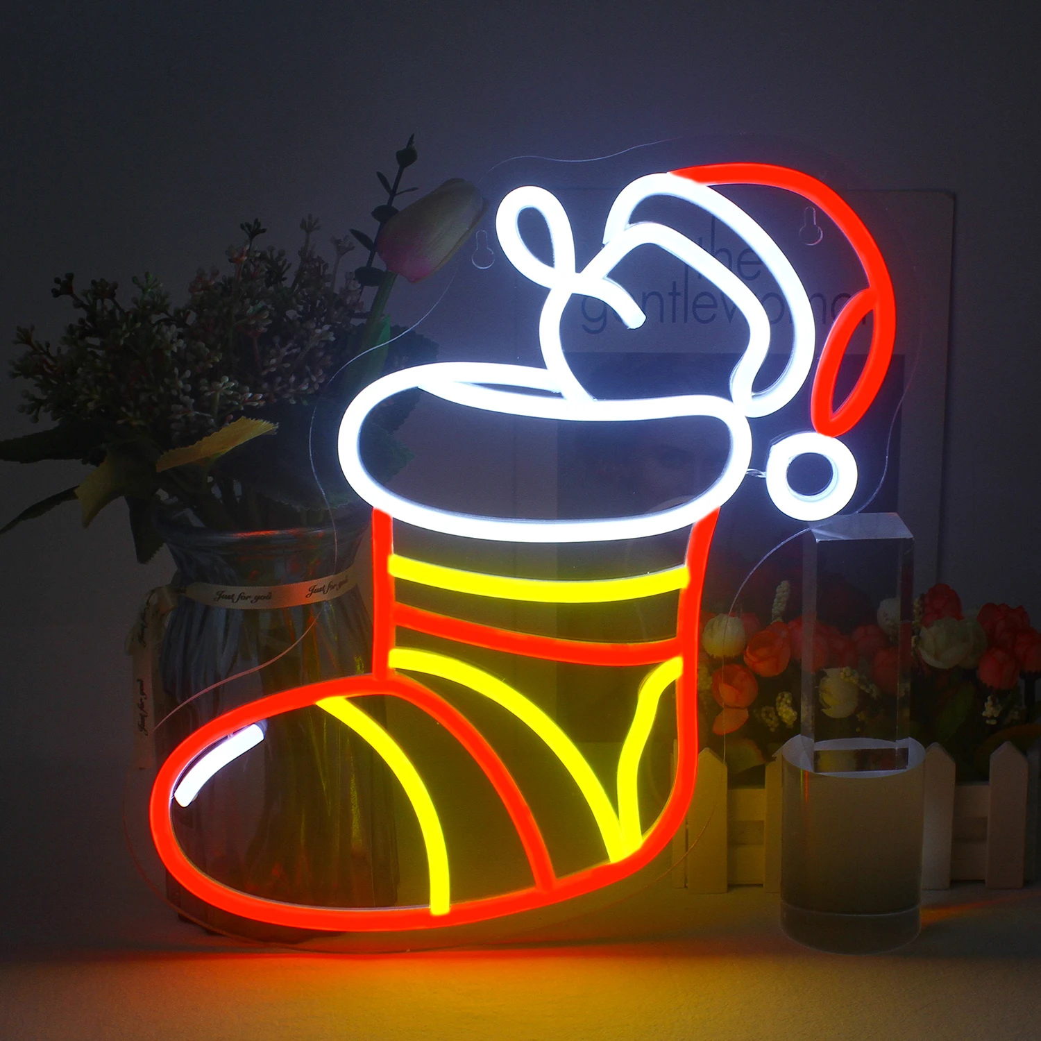 

Snowman Socks Neon Signs For Wall Decor Home Bedroom Christmas Room Decoration Dimmable LED Lights Party Bar Club Xmas Art Sign