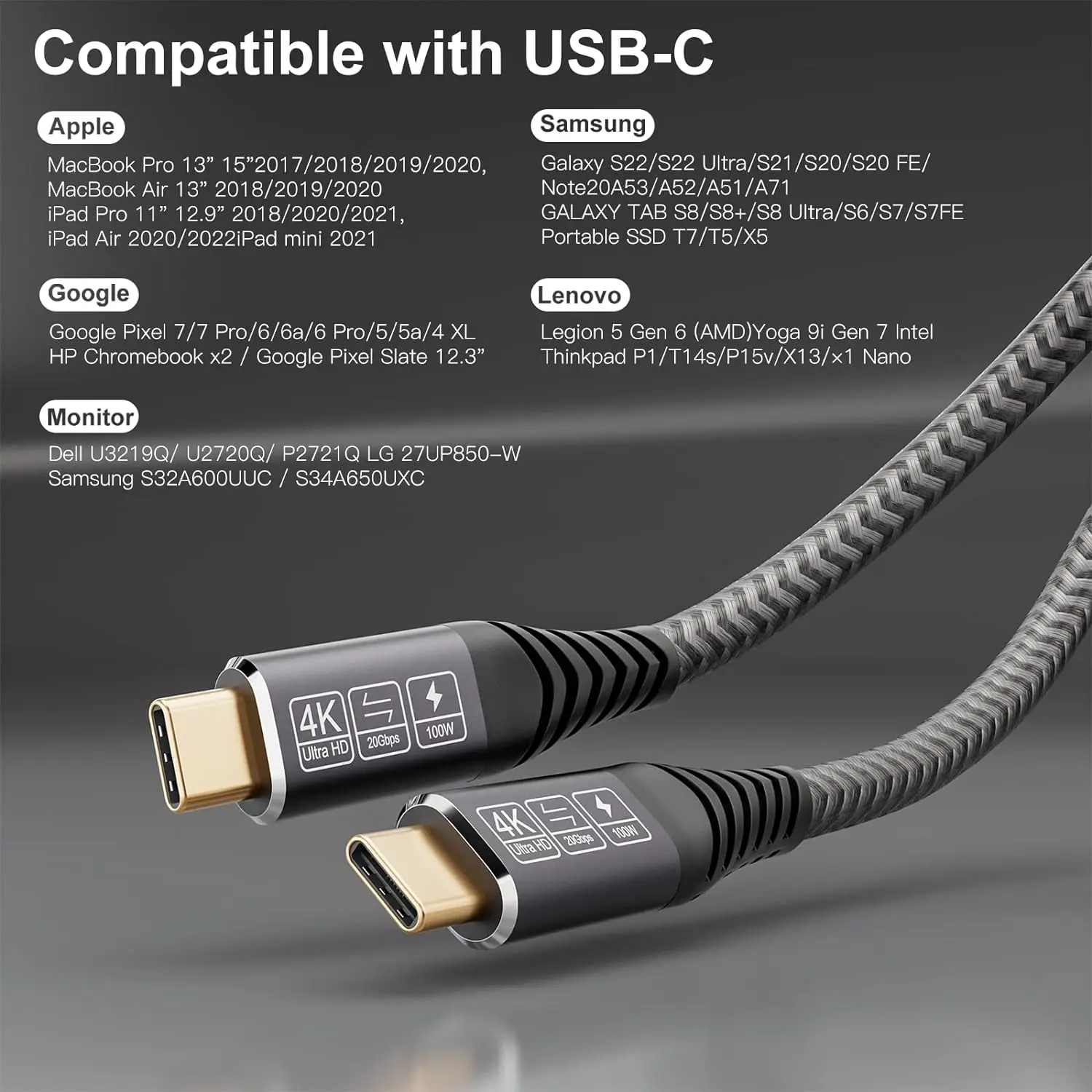 USB C to USB C Cable 20 Gbps, USB Cable Type C 3.2 Gen2× 2, 100W 20V/5A USB C Charger Cable, 4K @ 60Hz Video Transmission