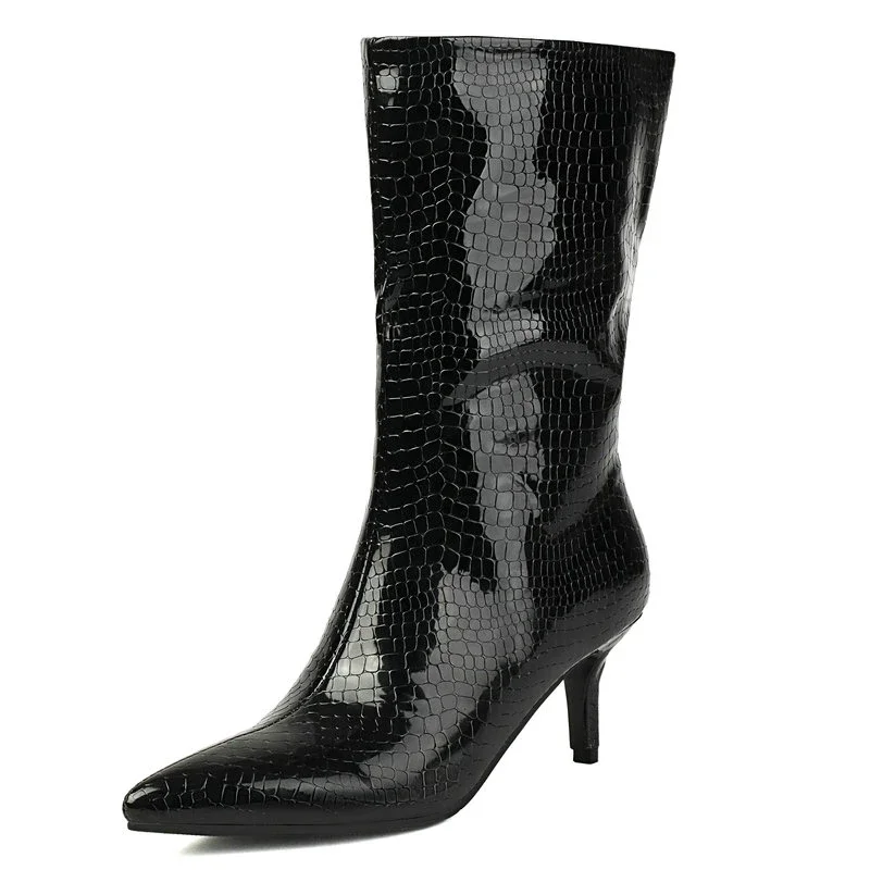 

2025 Autumn Winter Women Mid Calf Boots Microfiber Pointed Toe Thin Heel Slip on High Quality Ladies Short Boots Black Silver