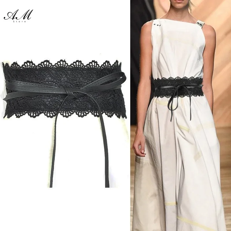 Women Bow Lace Belt New Corset Wide Belts Women Black Elegant Female Tie Waistband Wedding Dress Fashion PU Material Trend