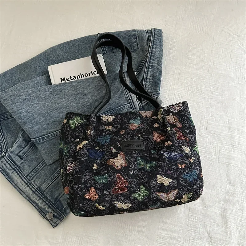 Bolso de lona para estudiantes de secundaria, bolso de mano a la moda para mujer, bolso de hombro con estampado de mariposa