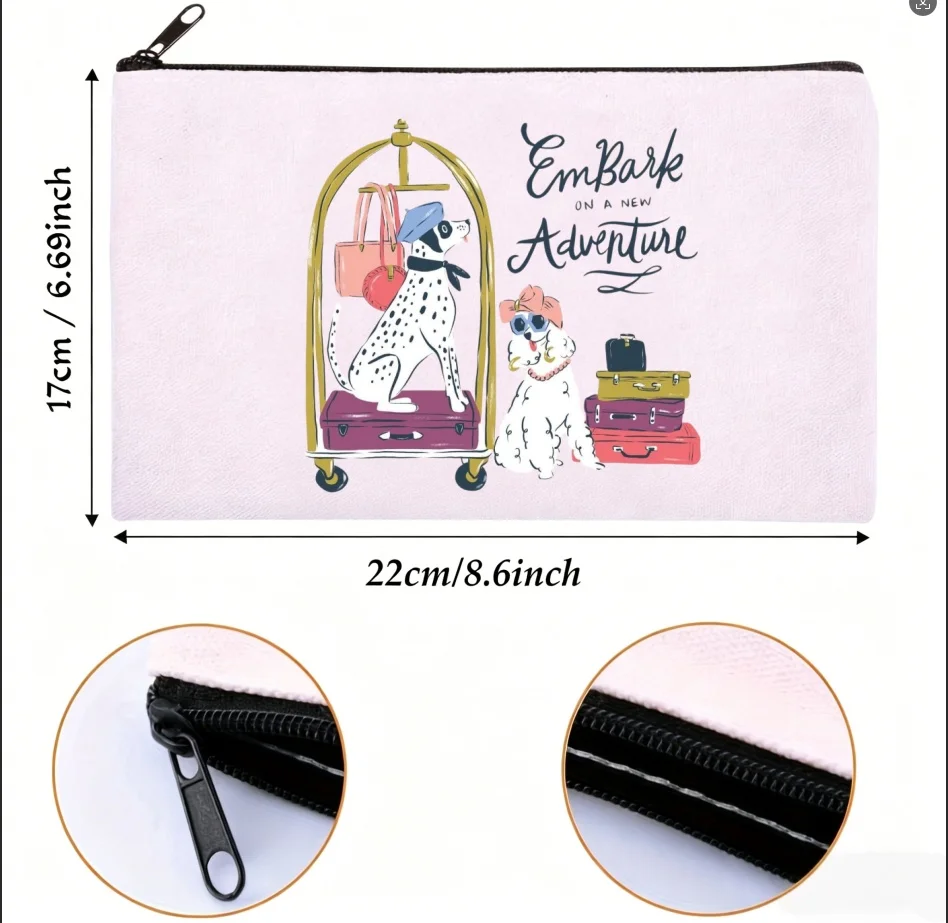 

1PC Dog Travel Adventure Canvas Makeup Bag, "Embark On A New Adventure" Cosmetic Pouch