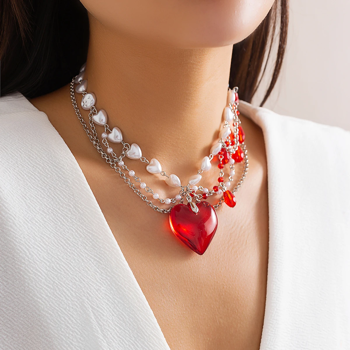 IngeSight.Z  Luxury Multi layered Red Crystal Peach Heart Pendant Necklace for Women Elegant Imitation Pearl Link Chain Jewelry