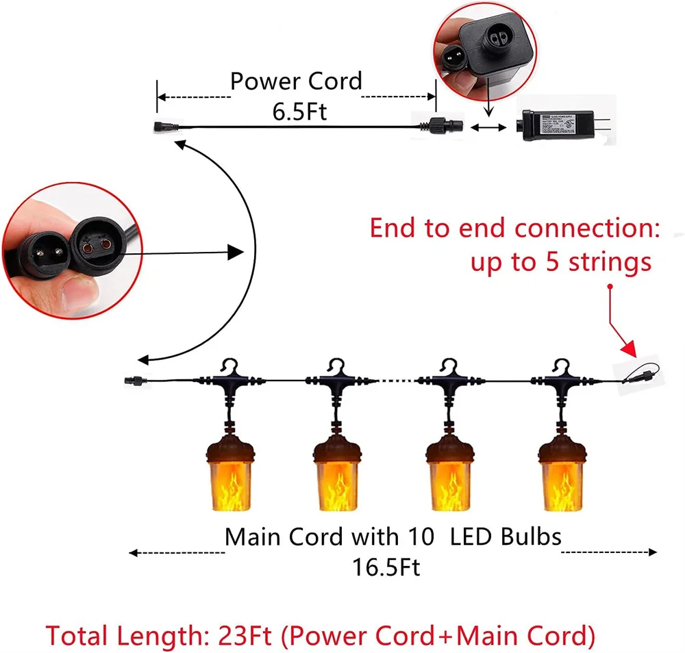 23 FT Flickering Flame Effect String Lights Connectable Hanging Patio Backyard Garden String Lights For Party Wedding Christmas