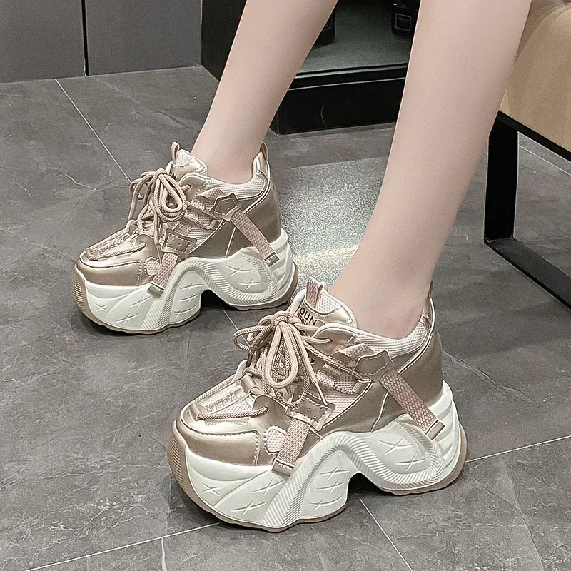 2024 Hot Sale Women's Shoes Lace Up Women's Vulcanize Shoes Spring Round Toe Solid Net Cloth High Heel Casual Platform Sneakers