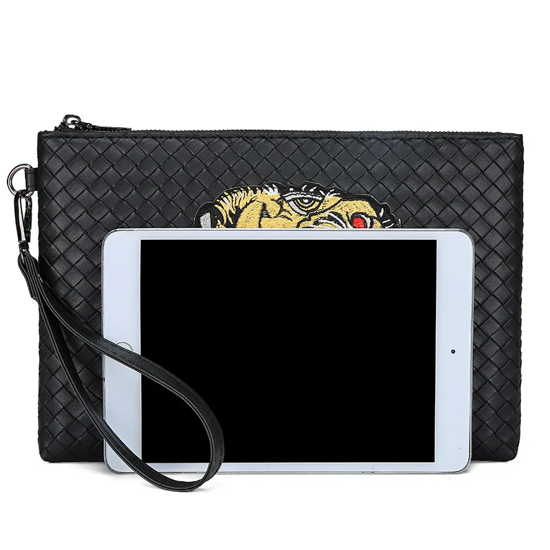 Clutch Men's Tiger Head Knitting Embroidered Clutch Bag Soft Pu Leather Black Phone Handbag Fashion Male Business Envelop Clutch