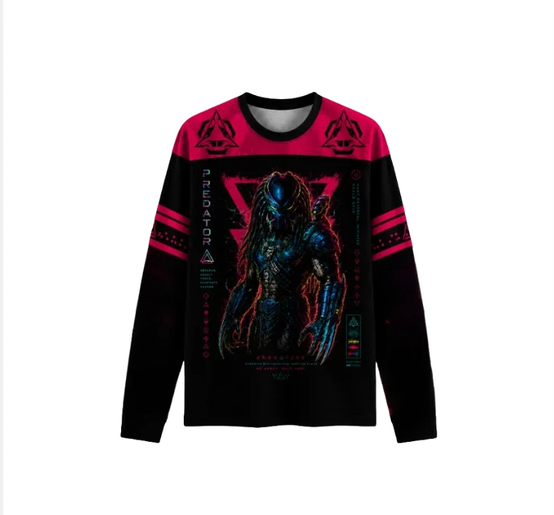 Cyberpunk alien warrior pattern long sleeved T-shirt with sci-fi geometric symbol print, neutral streetwear casual top
