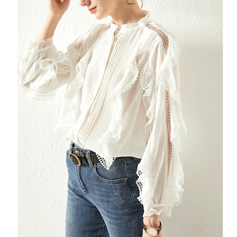 GypsyLady Vintage Chic French Blouse Shirt Autumn Hollow Out Sheer Women Blouse Long Sleeve Trims Ruffles Sexy Ladies Female Top