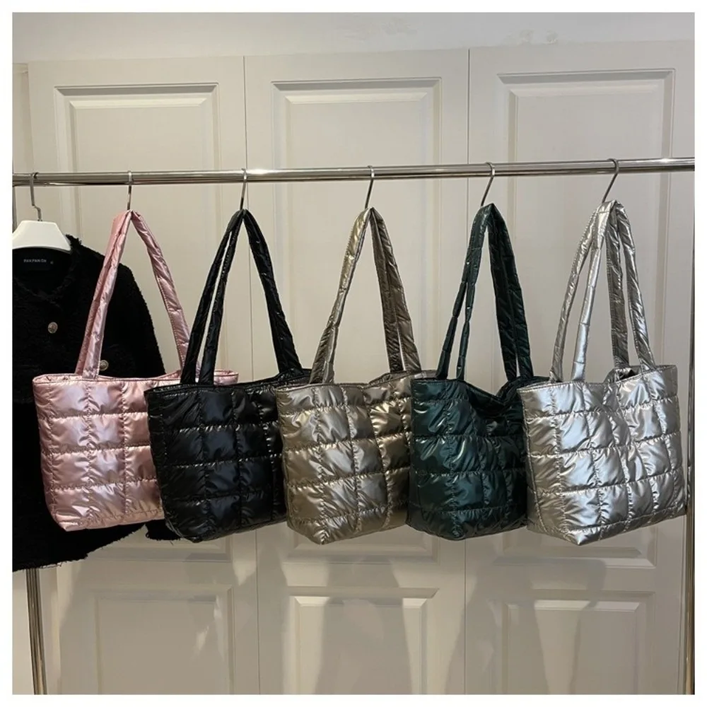 Casual Solid Color Shoulder Bags Large Capacity Down Cotton Padded Quilted Tote Bag Underarm Bags Women Girls view 2