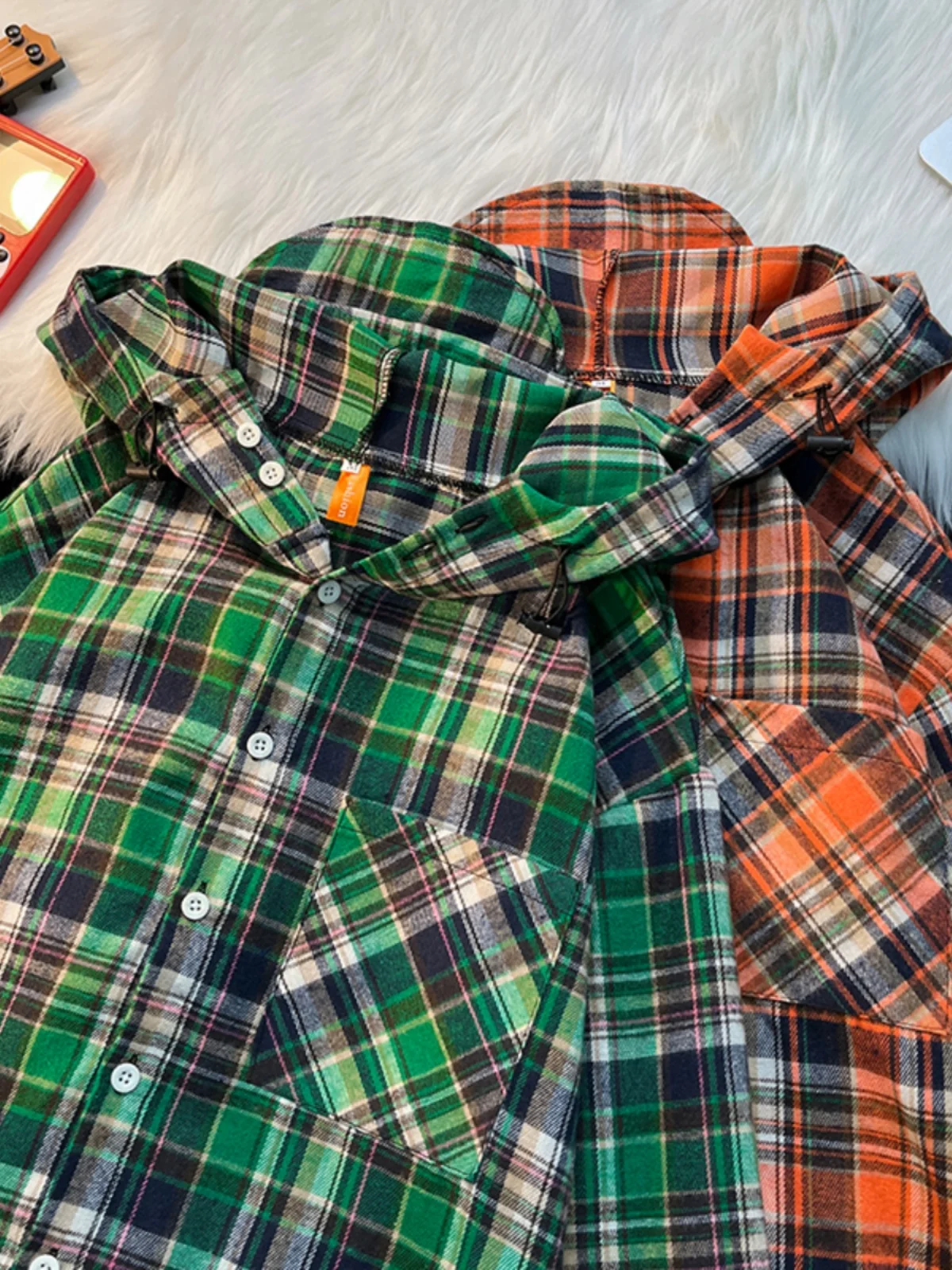 

Мужская свободная рубашка в клетку с капюшоном, длинный рукав, винтажный американский стиль, весна-осень, модная брендовая верхняя одежда для пар, цветные блоки