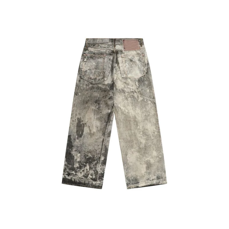 ANJY Women Jeans Stylish Splash Ink 3D Digital Printed Buttons Mud Tie-Dye Distressed High Street Cotton Denim Pants New A28934
