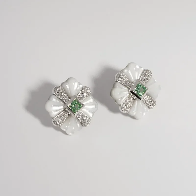2025 New White Shell Paraiba Princess Square Gem Earrings S925 Pure Silver Gold Plated Fine Earrings