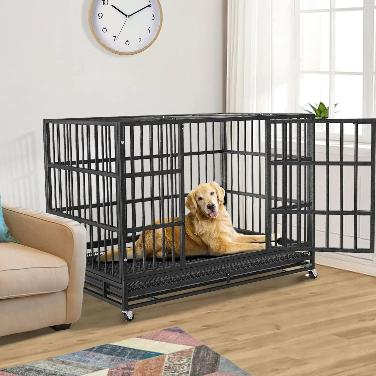 48inch Heavy Duty Indestructible and Escape-Proof Dog Crate Cage Kennel for Large Dogs, High Anxiety Dog Crate with Removable