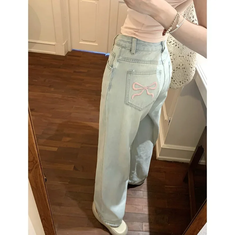 Blue Y2K Jeans for Women Korean Clothes American Street Wide Leg Pants Embroidery Vintage Straight Summer Baggy Jeans Trousers