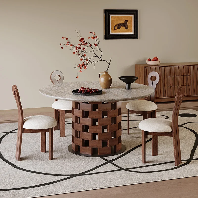 travertine round dining table and chairs apartment home living room retro light luxury marble creative solid wood dining table